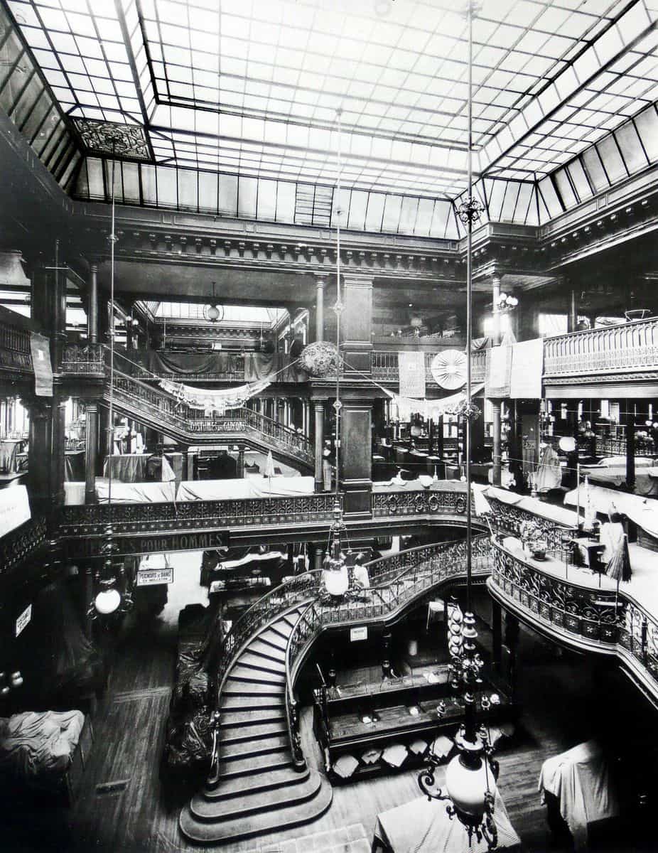 19th century illustration showing, Le Bon Marche department store, in  Paris. Founded in 1838 and revamped almost completely by Aristide Boucicaut  in 1852, it was the first ever modern department store. Now